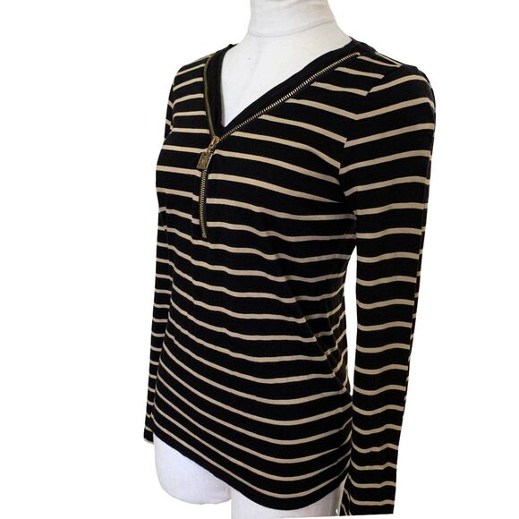 Anne Klein V-Neck Zip Front Long Sleeve Top Tan and Black Stripe Sweater Size S - Picture 4 of 10